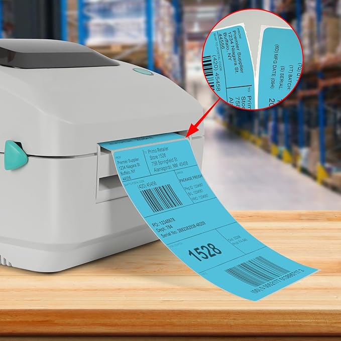 Blue Direct Thermal Labels 4 × 6 Inch Vinyl Self-Adhesive Fanfold Shipping Stickers Waterproof Perforated Printer Decal for Office School Warehouse 500 PCS