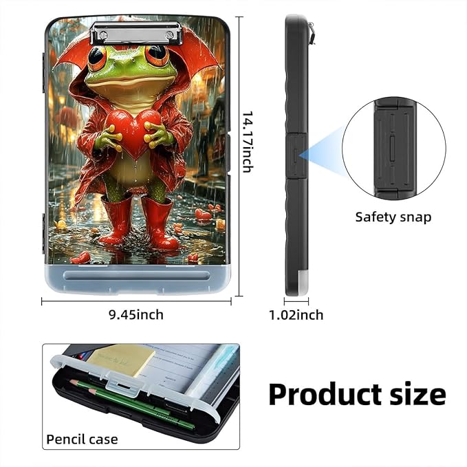 Clipboard with Storage Box & Pen Holder,Heavy Duty Clip Boards 8.5x11 for Nursing,High Capacity,School & Office Supplies,Rainy Frog Love