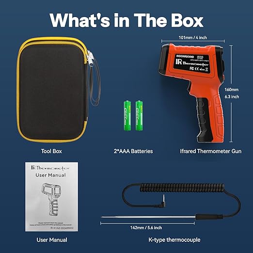 Infrared Thermometer Gun, Include K-Type Probe for Humidity, -58°F to 1796° F Digital Laser Temperature Gun for Cooking, 16:1 IR Temp Gun for Griddle, Pizza Oven, Engine, HVAC, Industrial & Home Use