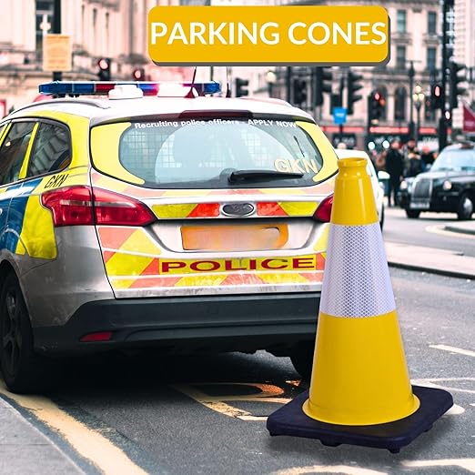BESEA 4Pack 18 Inch Yellow Traffic Cones with 6 Inch Reflective Collar, Heavy Duty PVC Safety Cones with 10.5 x 10.5 Inch Base for Parking, Driving Practice, Sports Training, and Construction