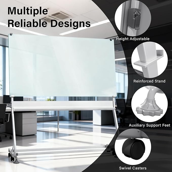 Rolling Magnetic Glass Whiteboard Standing - Large Portable Wheels Dry Erase White Board Stand with Strong Magnets, Ideal for Office, Home and Classroom(40'' X 60'')
