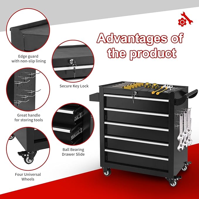 5-Drawer Tool Chest on Wheels, Rolling Metal Toolbox with Wheels & Drawers, Tool Cart Cabinet, Suitable for Garage, Moving/Gift/Daily Use