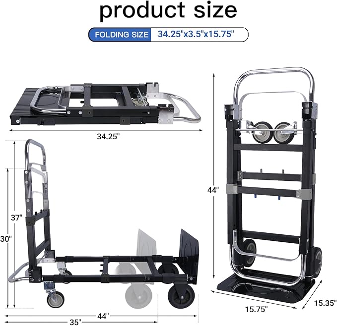3 in1 Heavy Duty Convertible Hand Truck Dolly Cart, Folding Trolley Cart with Wheels, 600lbs Capacity for Transport Moving in Warehouse, Supermarket, Equipment (Black)