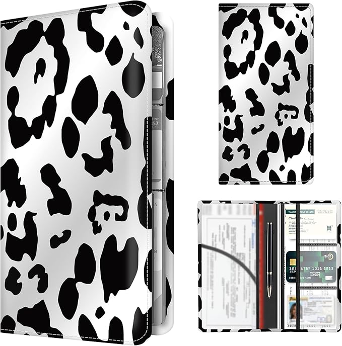 Premium Car Registration and Insurance Card Holder, Cute PU Leather Car Document Holder, Vehicle Glove Box Car Organizer with Magnetic Closure for Driver License, Cards Black White Cow Print