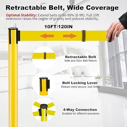 6 Pack Yellow Stanchions with Retractable Belts - Crowd Control Barriers, Heavy Duty Weighted Base for Events, Retail, Queue Lines