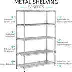 IZEUK 4250 LBS Garage Shelving Wide Storage Shelves 5 Tier Metal Shelves Heavy Duty Adjustable Utility Shelf Rack Chrome 17.7" D x 59.1" W x 70.4" H