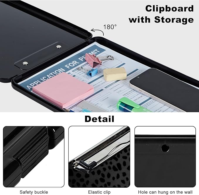 Clipboard with Storage,Plastic Storage Clipboard with Low Profile Clip, Heavy Duty Nursing Clipboards Foldable,Coaches Clipboard Case for Work, Teacher,Office School Supplies,Black Leopard Print