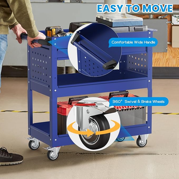3 Tier Rolling Tool Cart On Wheels, Heavy-Duty Utility cart Service Cart with Locked Drawers for Garage, Warehouse, Repair Shop, Workshop
