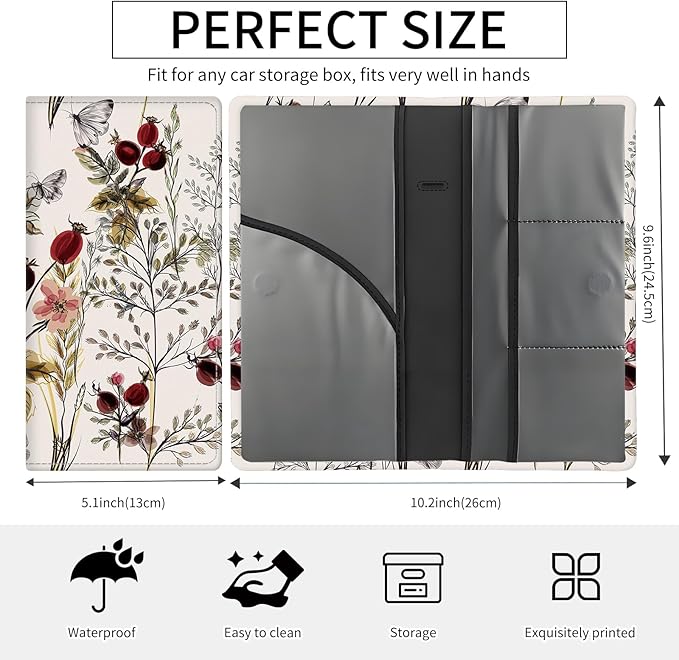 Premium Car Registration and Insurance Card Holder, Cute PU Leather Car Document Holder, Vehicle Glove Box Car Organizer with Magnetic Closure for Driver License, Cards Vintage Red Florals