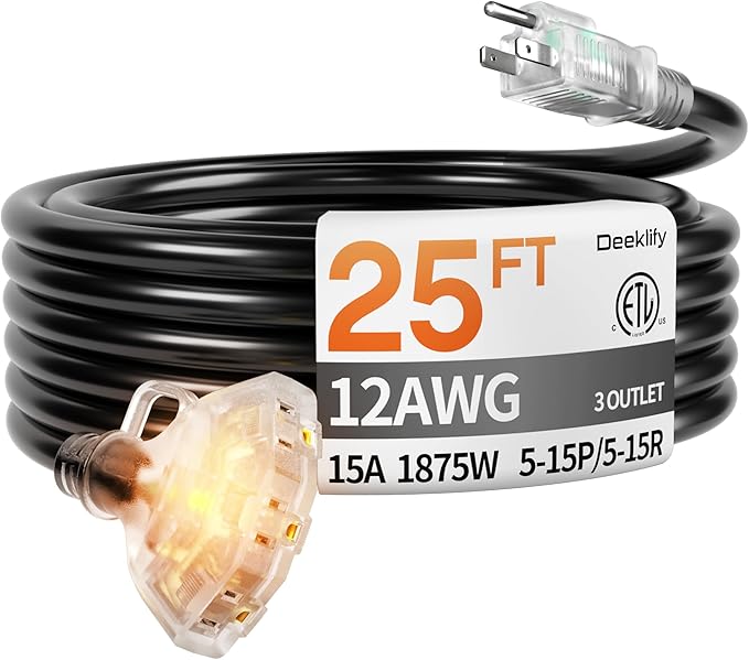 25 ft 12 Gauge Heavy Duty 3 Outlet Extension Cord Splitter with Indicator, Waterproof Outdoor Extension Cord with Multiple Outlets, 15A 1875W for Home & Workshop, ETL Listed, Black SJTW