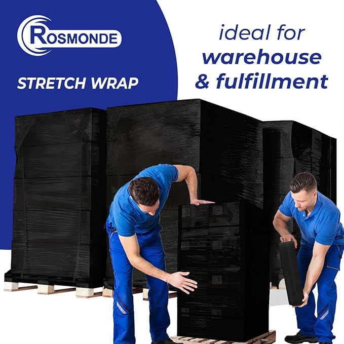 Rosmonde Bulk Black Plastic Wrap, 18" x 1500 ft, 20 Rolls Pack, 80 Gauge Heavy-Duty Pallet Shrink Wrap, True 1500 Ft, 3" Core, Puncture Resistant Stretch Wrap for Moving, Shipping & Secured Wrapping