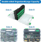 Double Side Tool Box Organizer, Hardware Storage Box, Portable Small Parts Organizer with Removable Plastic Dividers for Screws, Nuts, Nails, Bolts, Green