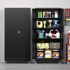 Metal Storage Cabinet with Wheels, Tall Garage Storage Cabinet with 4 Adjustable Shelves and 2 Doors, Lockable Tool Cabinet for Garage Home Office,Gym,School(Black)