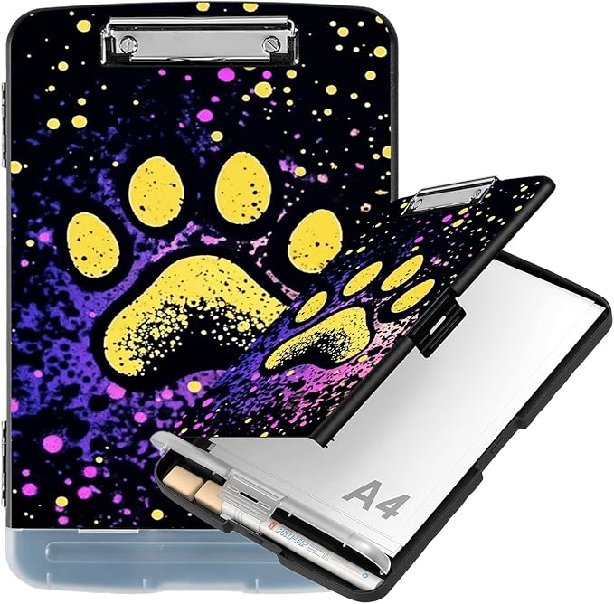 Clipboard with Storage Compartment, 8.5 x 11 Letter Size Side Opening Clip Board with Pen Holder, Hard Portable Clipboard Organizer for Nurse, Teacher, Contractor, Jobsite, Dog Paw