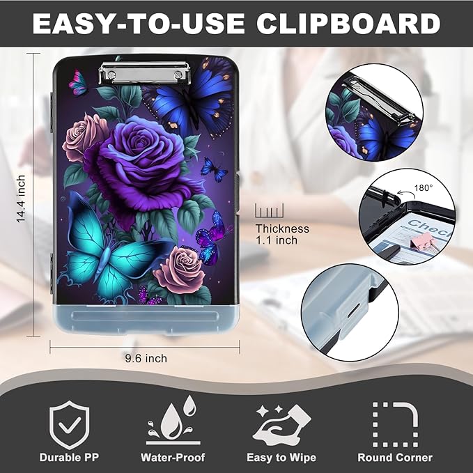 Clipboard with Storage,Heavy Duty Plastic Storage Clipboard with Low Profile Clip,Teacher Must Haves,Office Supplies,Blue Pink Roses Butterfly