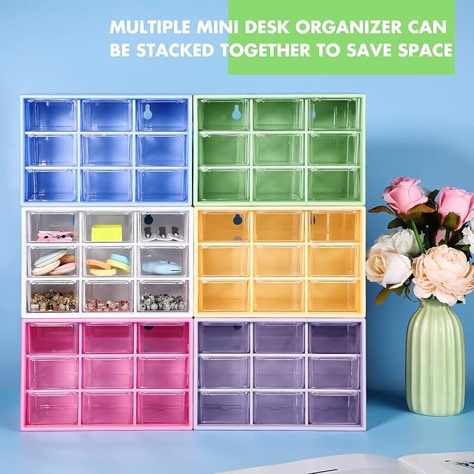 Amyhill 6 Pcs Mini Drawer Organizer Small Organizer with 9 Drawers Plastic Desktop Craft Storage Box for Office Home Room Jewelry Cosmetics Collection(Purple)
