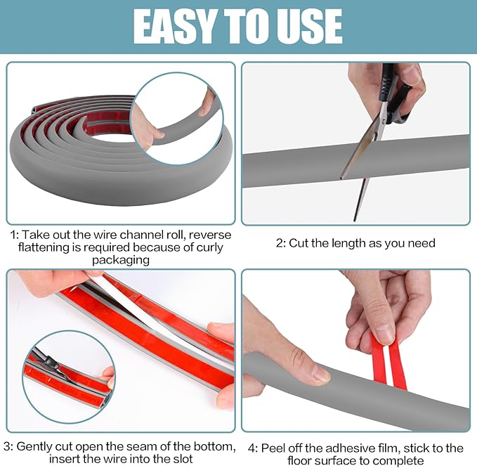 Floor Cord Cover Self Adhesive Cord Hider,10FT Cable Management, Extension Strip Protector for Wires, Prevent Cable Trips for Offices, Gyms, Exhibitions Cavity:0.3"(W) x 0.28"(H) Gray