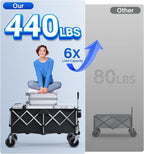 Wagons Carts Foldable Heavy Duty,440lbs Capacity & 350L Collapsible Utility Cart with Big All Terrain Wheels for Beach, Garden, Camping, Grocery Coal Black
