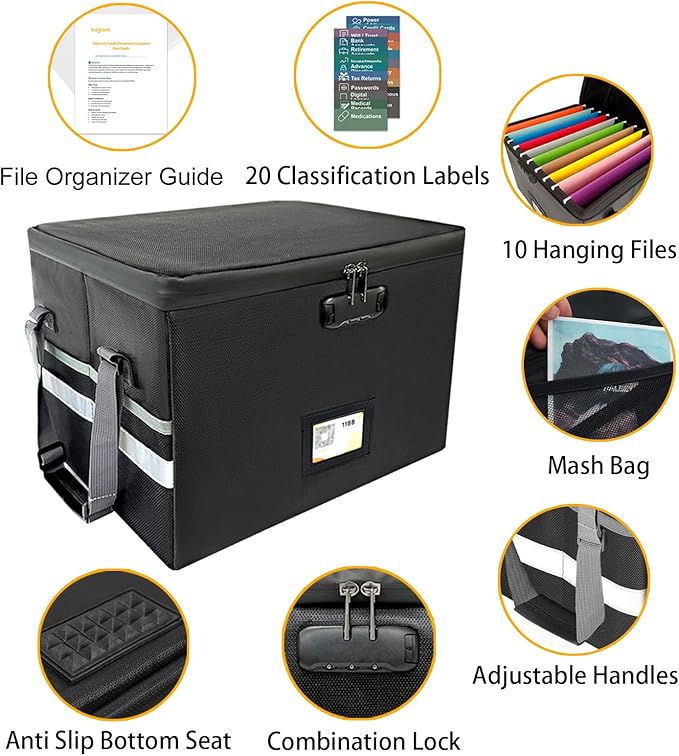 Large Next of Kin Box Organizer with Smart Labels, Fireproof Foldable File Organizer with Combination Lock, 10 Hanging Files and 20 Category Labels for Label Documents(15.7"L×12.2"W×10.6"H)