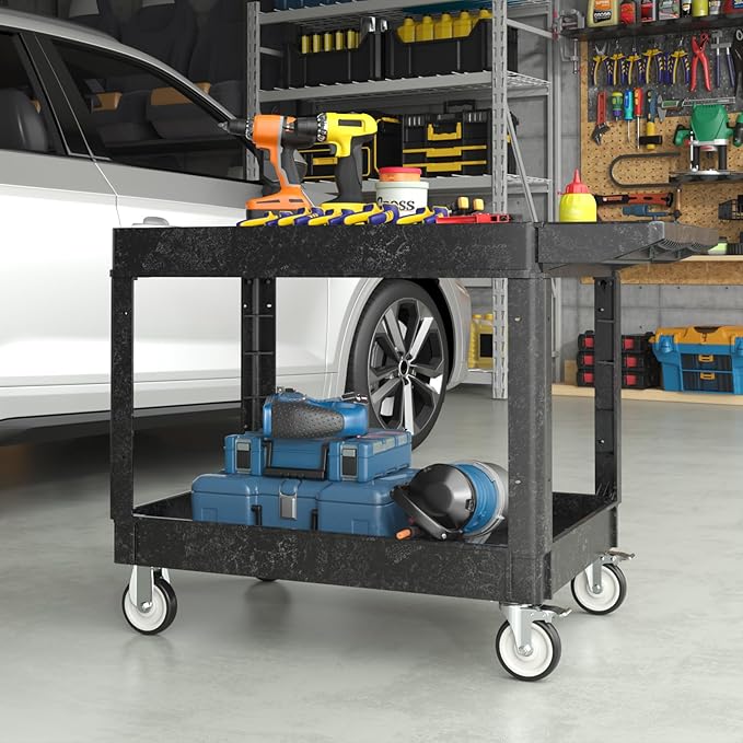 Heavy Duty Plastic Utility Cart with Wheels, Rolling Flatbed Tool Cart on Wheels, Service Cart for Garage, Warehouse, Workshop, Office, Cleaning (Black-45.7 inch)
