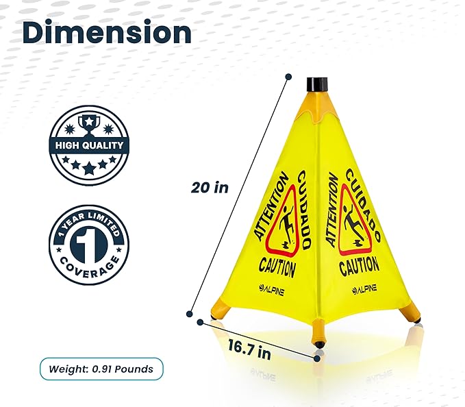 Alpine Caution Wet Floor Sign 6 Pack - Pop Up Slippery When Wet Sign, Wall Mounted Foldable Bilingual Yellow Safety Warning Caution Cone for Commercial & Office Use (20 Inches)
