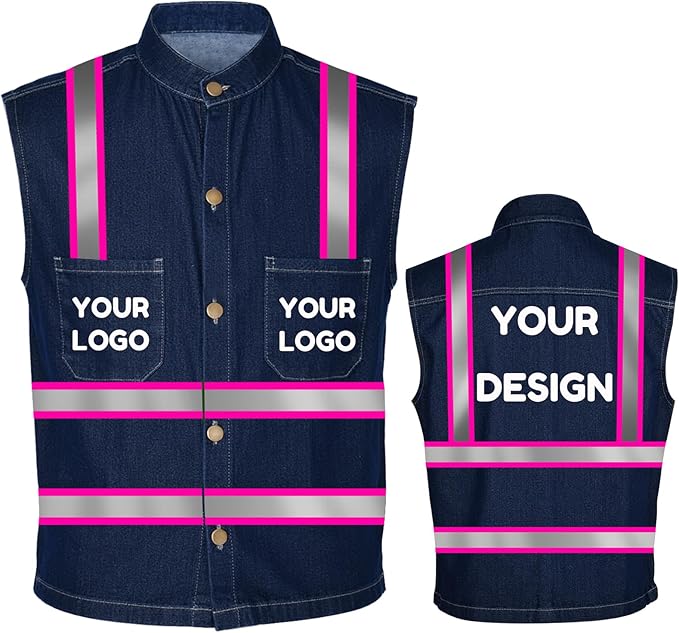 YOWESHOP Men's Reflective Safety Denim Vest，Custom Safety Outdoor Denim Work Vest with Hi-Vis Stripes for Night Commute