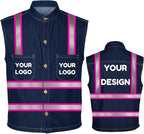 YOWESHOP Men's Reflective Safety Denim Vest，Custom Safety Outdoor Denim Work Vest with Hi-Vis Stripes for Night Commute