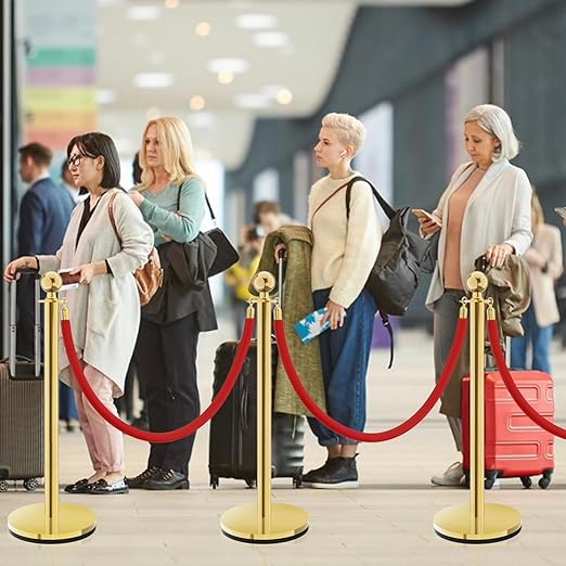 Stanchion Set, Gold Stanchion and Velvet Ropes with 4 Pcs Stainless Steel Posts and 3Pcs Red 5FT Ropes Crowd Control Barrier for Events, Weddings, Theaters, VIP Lines, Queue Management