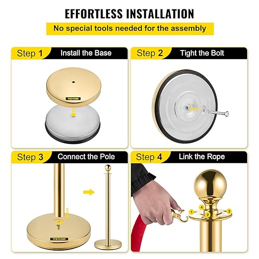VEVOR Stanchions and Velvet Ropes 4Pcs, Solid Base with Stainless Steel Post, 5ft Red Velvet Ropes and Posts, Crowd Control Barriers Gold Stanchions, Red Carpet Runner Poles for Party Supplies