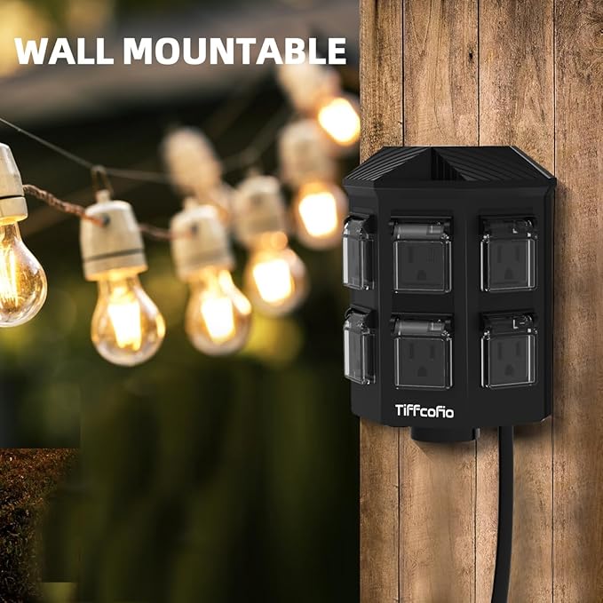 TiFFCOFiO Outdoor Power Strip with Stake Waterproof, 60 FT Extension Cord, 6 Grounded Outlets for Outdoor Lights, 14 AWG, 15A/1875W, ETL Listed