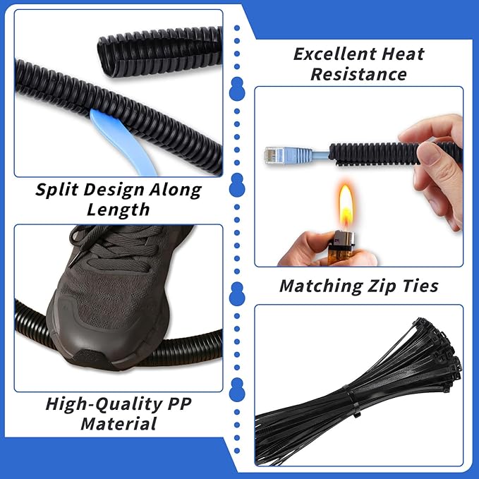 100FT Split Wire Loom Tubing, 3/4 Inch Wire Protector Tubing, Automotive Wire Flexible Conduit Cord Covers with 20 Cable Ties for Automotive Marine RV Agriculture Electrical Cable Protection