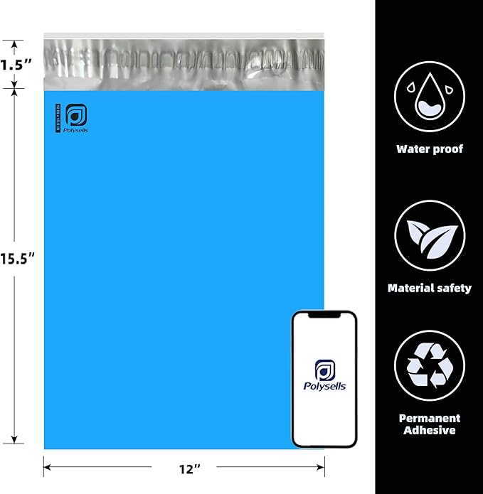 POLYSELLS 200 pcs 12x15.5 Inches Blue Poly Mailers Shipping Envelopes, Strong Adhesive Sealing, Waterproof, and Tear-resistant Postal Mailing Bags for Small Business, Clothes, Non-Fragile Items