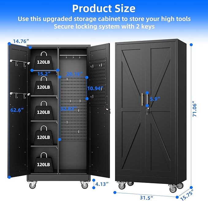 Aobabo Metal Broom Closet Storage Cabinets with 4 Adjustable Shelves and Lock,Metal Mop and Broom Cabinet with Pegboards and Wheels,Assembly Required,Black