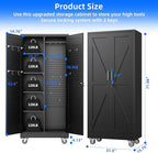 Aobabo Metal Broom Closet Storage Cabinets with 4 Adjustable Shelves and Lock,Metal Mop and Broom Cabinet with Pegboards and Wheels,Assembly Required,Black