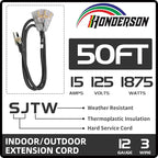 3-Outlets Indoor Outdoor Extension Cord Weatherproof with Lighted End, UL Listed, 12 Gauge 50FT Black 3 Prong Heavy Duty, 12/3 SJTW 15A Power Cord