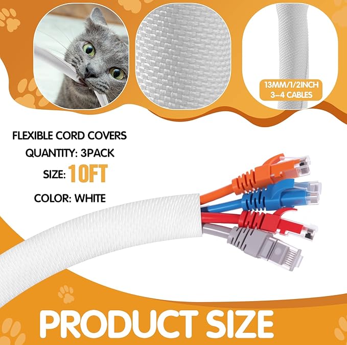 Poen 3 Pack 30ft Cord Protectors from Pets No Chew, 1/2 Inch Ultra Durable Cord Covers for Pets, Durable Electrical Cable Management Sleeve for Rabbits, Dogs, Cats and Other Animals(White)
