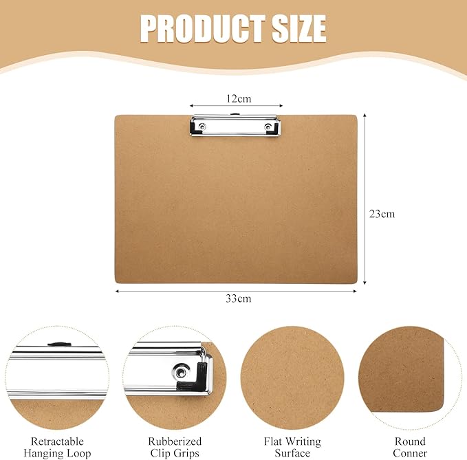 Sherr 15 Pcs Clipboard 9 x 13 Inch Large Landscape Clipboards with Low Profile Clip Brown Wooden Horizontal Clipboard Layout for School Classroom Office Drawing Sketching Art Back to School Supplies