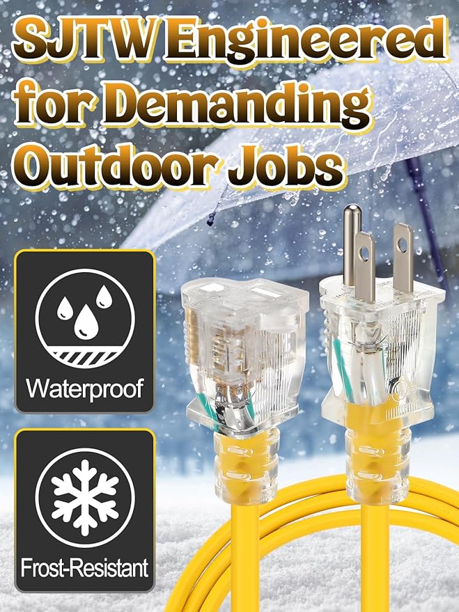 Lighted End Heavy Duty Outdoor Extension Cord Waterproof -16AWG, 3 Prong, 15A, 1875W, Flexible Yellow Power Extension Cord for Outsides, 6ft