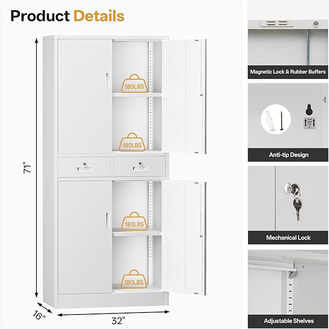 Metal Storage Cabinet with 2 Drawers 71" H,White Metal Garage Cabinets with 2 Lockable Doors and Adjustable Shelves Easy to Assemble for Home Office, Kitchen,Pantry,Garage,Warehouse