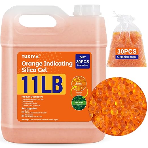11 LBS Orange Indicating Silica Gel Desiccant Beads,(Industry Standard 3-5 mm) Rechargeable Silica Gel Beads for 3D Filament, Electronic Devices, Camera, Jewelry, Safe(30PCS Organza Bag)
