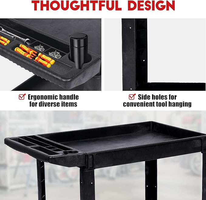 Industrial 2-Shelf Rolling Cart, 550 lbs Capacity Utility Cart with Locking Wheels, Large Plastic Service Cart for Warehouse Garage Workshop Kitchen Commercial Use, Black