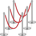 Wesiti 6 Pcs Silver Stainless Steel Stanchion Post with 5 ft Red Braided Rope Crowd Control Stanchions Red Carpet Ropes and Poles Crowd Control Barriers for Party Concert Theater Hotels
