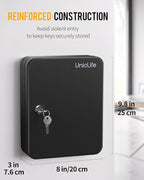 Uniclife Steel Key Cabinet Wall Mounted Organizer - 28 Keys, 2 Unlocking Keys - Black Frosted Security Box with Hooks and Color-Coded Labels