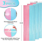3 Pack 3.3 x 8.2 ft Pastel Blue and Pink Foil Fringe Backdrop Curtains, Tinsel Streamers Party Decorations, Fringe Backdrop for Grender Reveal, Baby Shower, Birthday Party