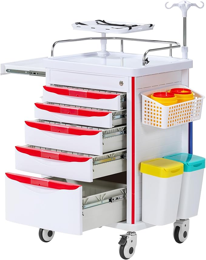 Medical Cart, Rolling Medication Carts with Silent Wheels, Adjustable IV Pole, Trash Bin & O2 Holder, Needle Disposal Holder - Ideal Nursing Trolley for Clinics, Hospitals, Salon