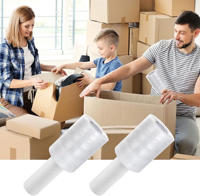 6 Pack Stretch Wrap Film with Handle, 80 Gauge Thick Industrial Strength Hand Stretch Wrap, 4" x 1000 Ft Plastic Pallet Shrink Film Heavy Duty Self-Adhering Plastic Wrap for Packing, Moving