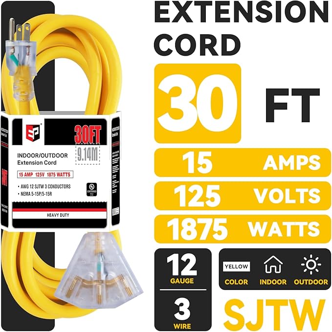 EP 30 Ft 12 Gauge Heavy Duty Extension Cord, 15A 125V 1875W, 3 Outlet Indoor/Outdoor Power Cord with Lighted End, 12/3 SJTW Weatherproof Yellow, UL Listed