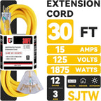 EP 30 Ft 12 Gauge Heavy Duty Extension Cord, 15A 125V 1875W, 3 Outlet Indoor/Outdoor Power Cord with Lighted End, 12/3 SJTW Weatherproof Yellow, UL Listed
