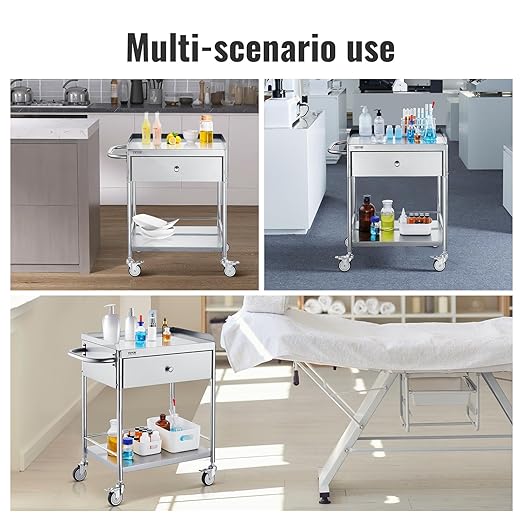 VEVOR Stainless Steel Utility Cart with Wheels - Medical/Dental Lab Cart - 2 Shelves/1 Drawer