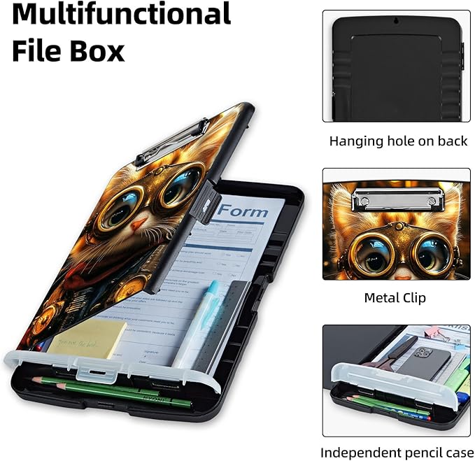 Clipboard with Storage Box & Pen Holder,Heavy Duty Clip Boards 8.5x11 for Nursing,High Capacity,School & Office Supplies,Steampunk Cat